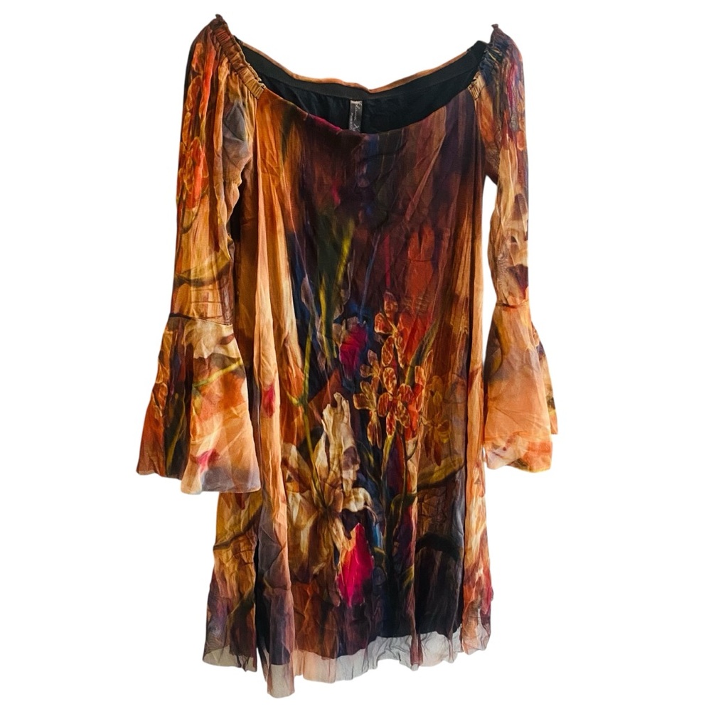 ELANA KATTAN Y2K Whimsygoth Floral Mesh Bell Sleeve Earth Tone Fairycore Dress